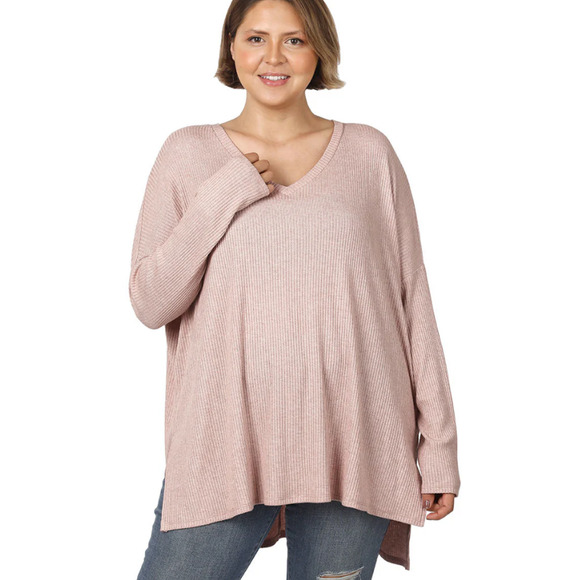 Zenana Pink V-Neck Soft Cozy Ribbed High-Low Hem Pullover Sweater Womans Size 2X - Picture 1 of 7